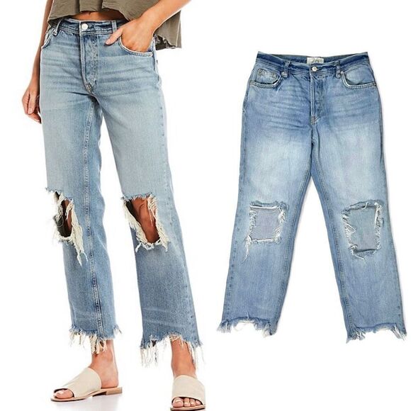 Free People Maggie Straight Leg Mid Rise Distressed Denim Jeans Size 26 Waist - Picture 1 of 15